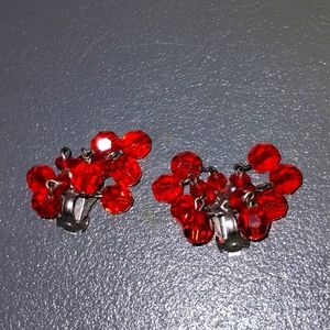 Vintage Earrings Clip On Red/Orange Color Beads